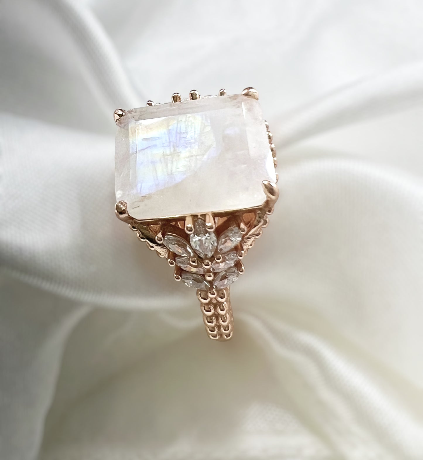 925 Sterling Silver Genuine White Moonstone Beaded Shank Ring on Rose Gold