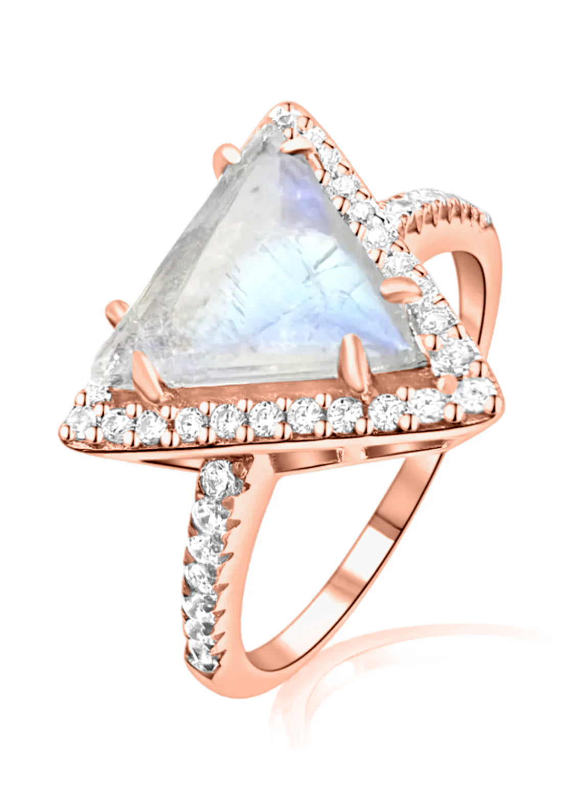 925 Sterling Silver Genuine White Rainbow Moonstone Triangle Ring on Rose Gold