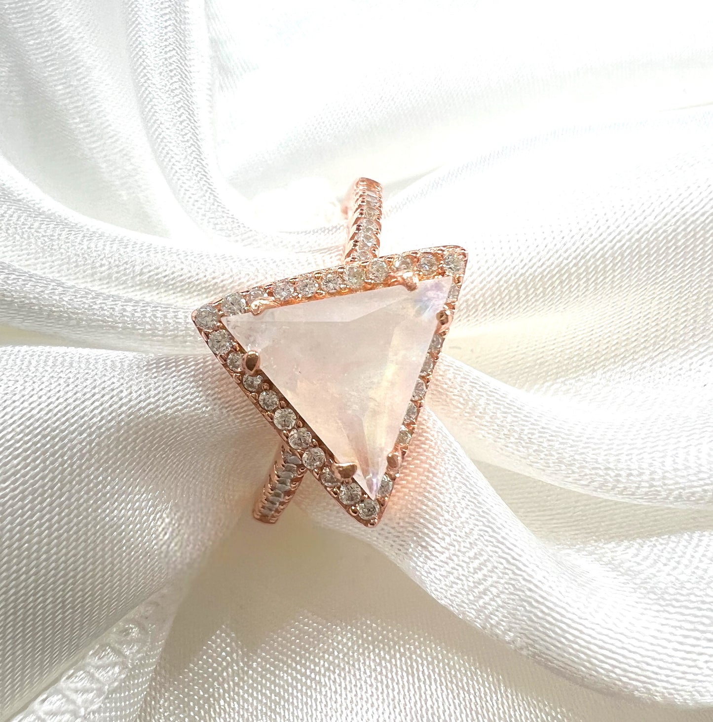 925 Sterling Silver Genuine White Rainbow Moonstone Triangle Ring on Rose Gold