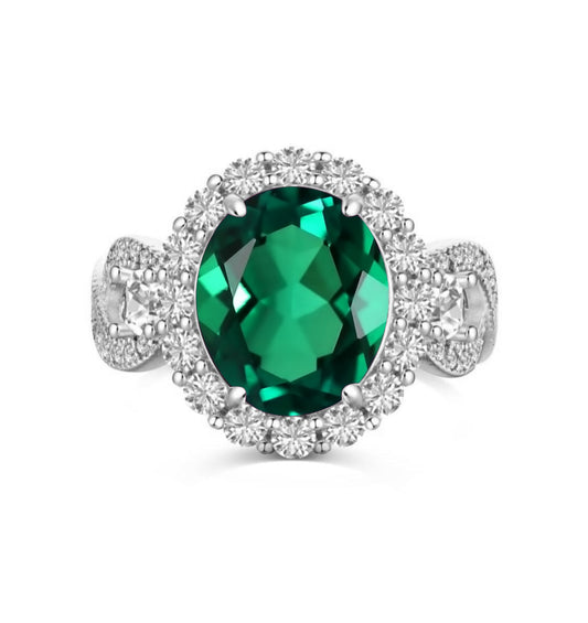 925 Sterling Silver Infinity Oval Cut Green Emerald CZ Ring