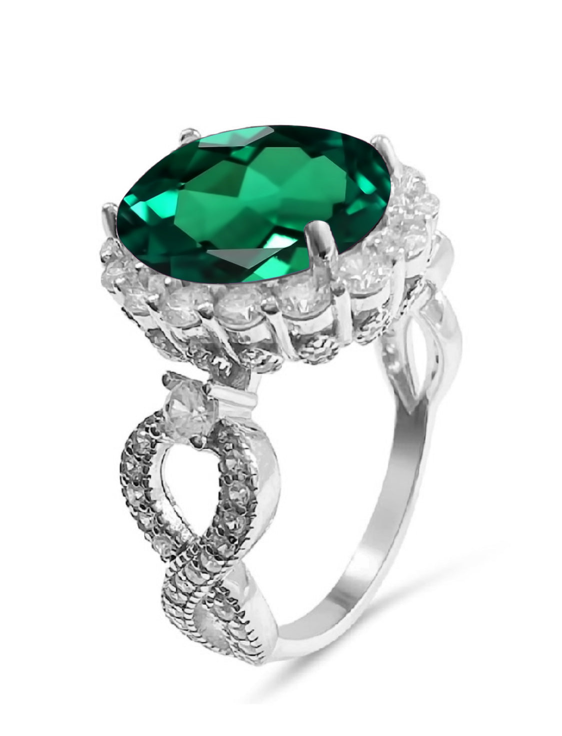 925 Sterling Silver Infinity Oval Cut Green Emerald CZ Ring