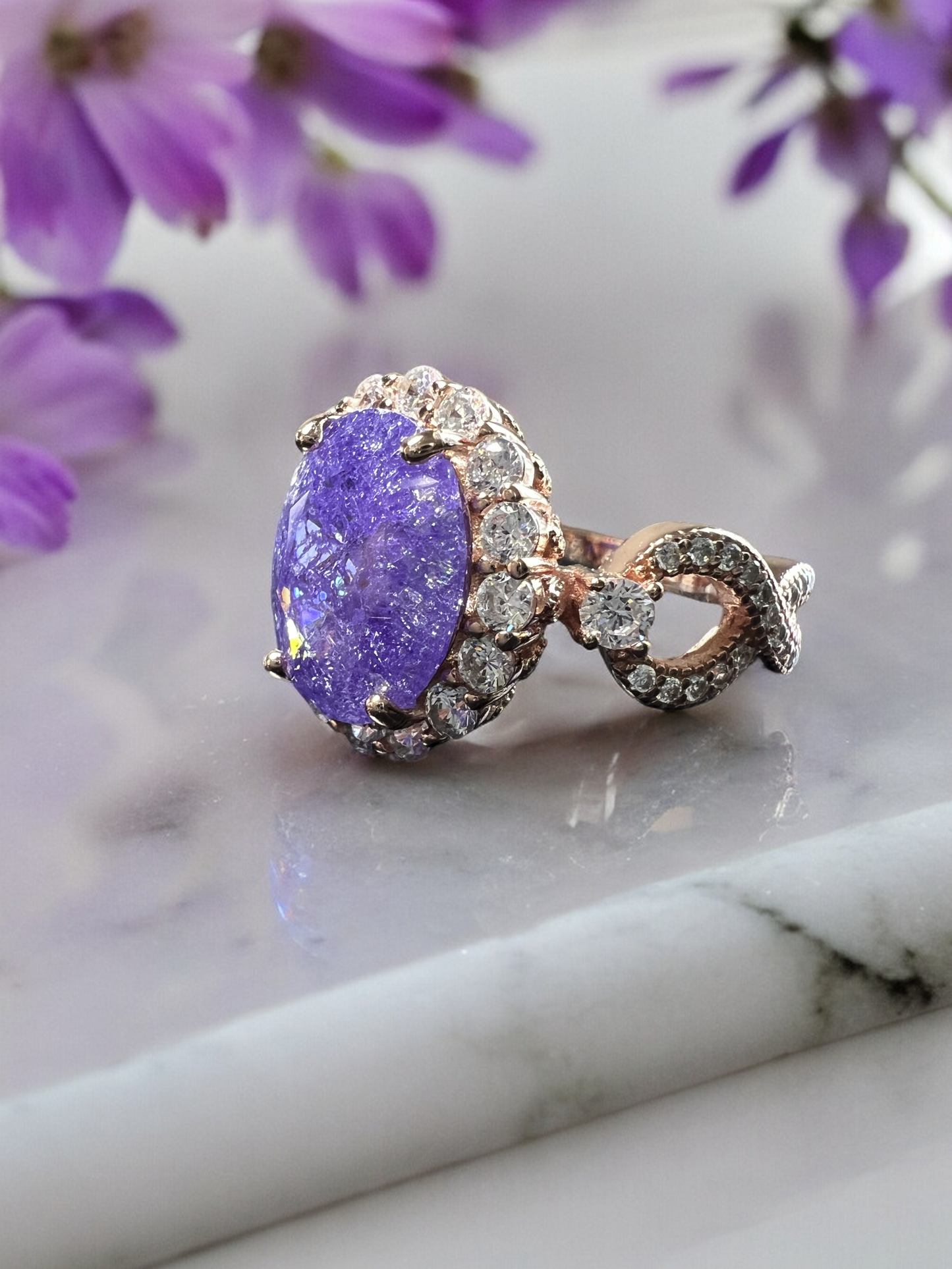 925 Sterling Silver Infinity Oval Cut Purple Ice & Diamond CZ Ring on Rose Gold