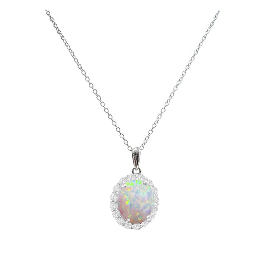 925 Sterling Silver Oval Cut White Fire Opal Necklace