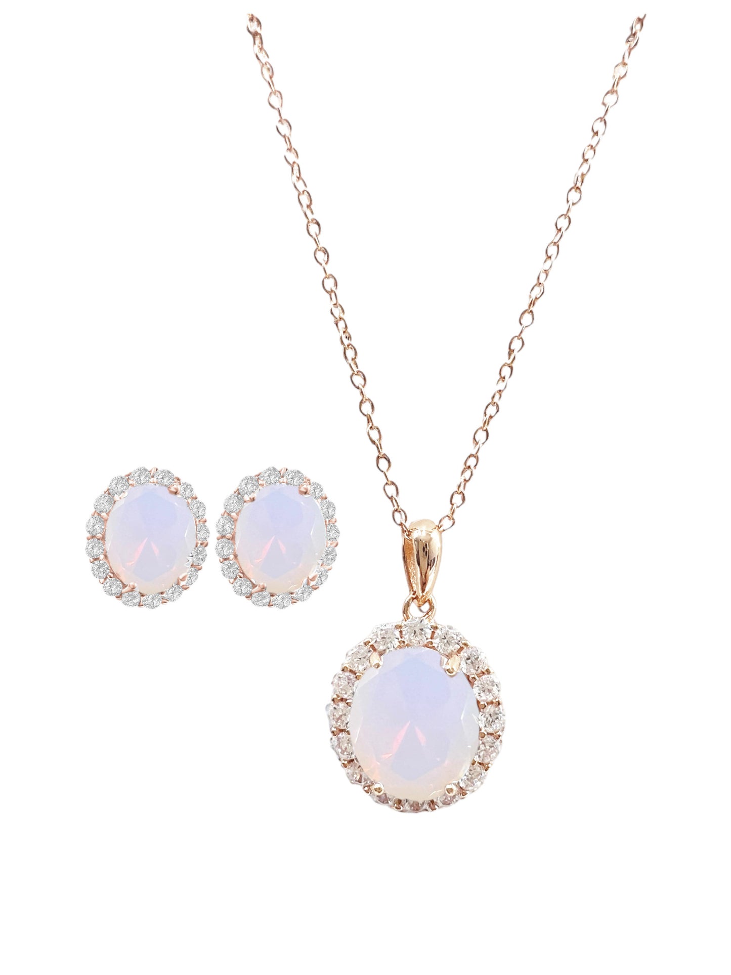 *PRE-ORDER - 925 Sterling Silver Oval Cut White Opal Necklace & Earrings Set (Choose your Plating)