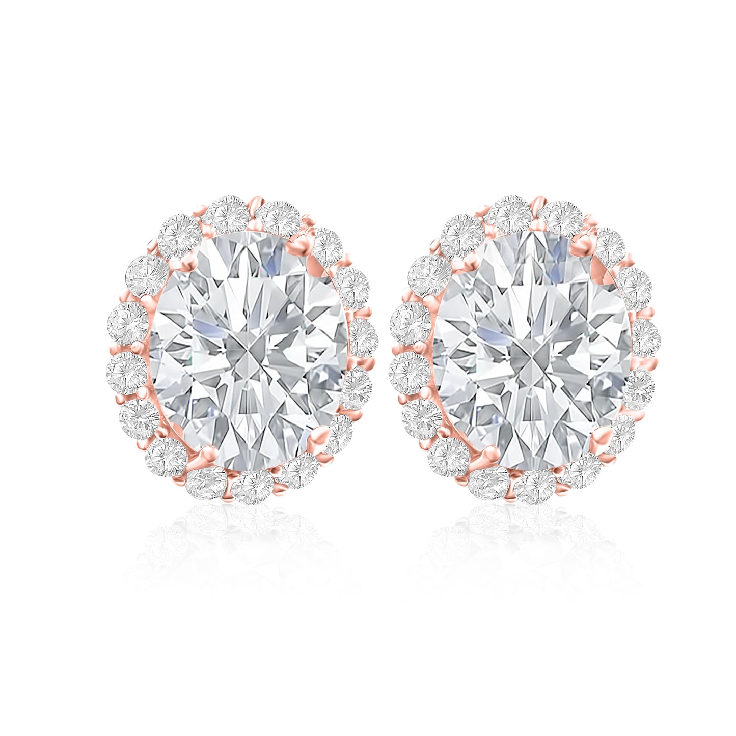 925 Sterling Silver Oval Halo Diamond CZ Stud Earrings - Rose Gold