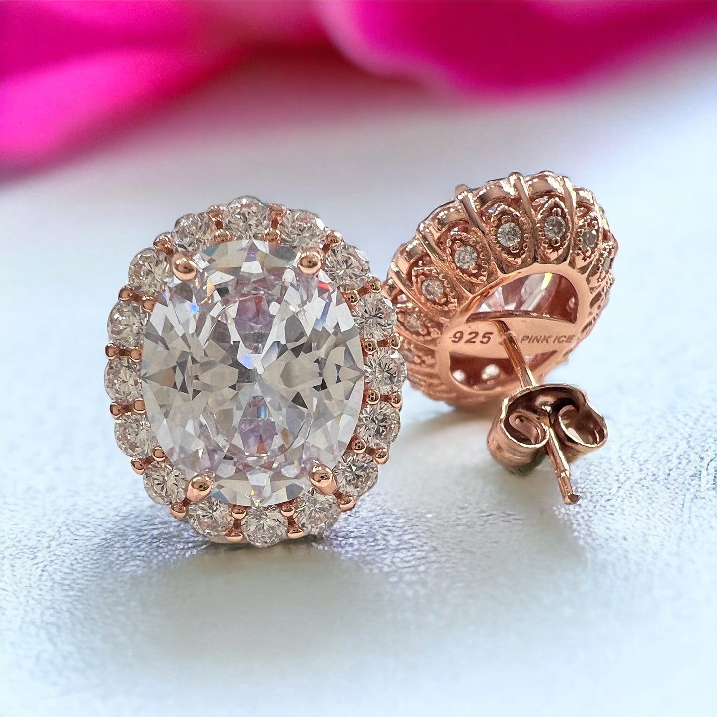 925 Sterling Silver Oval Halo Diamond CZ Stud Earrings - Rose Gold