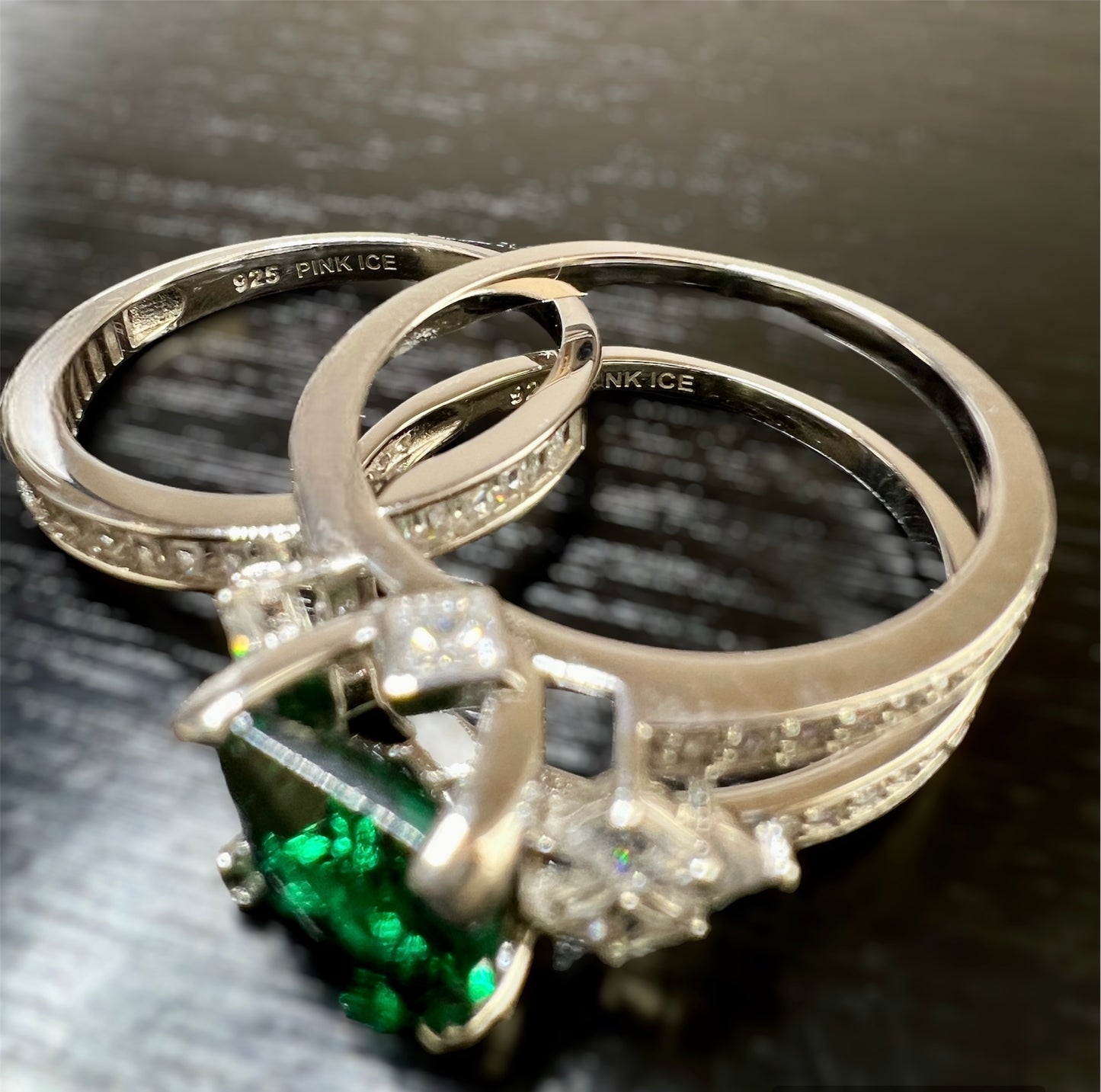 925 Sterling Silver Princess Cut Emerald Green CZ Tri-Band Ring