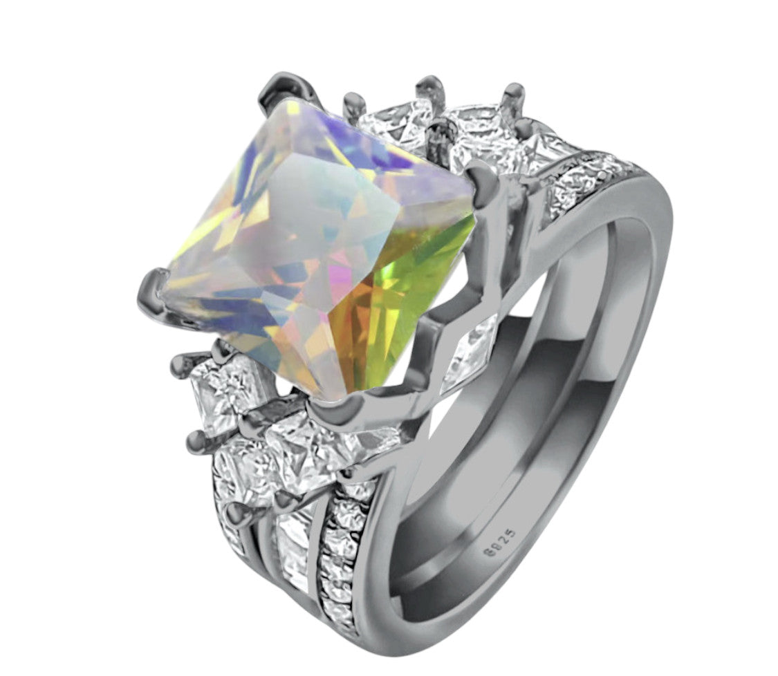 *PRE-ORDER - 925 Sterling Silver Princess Cut, AB CZ Tri-Band Ring (Choose your plating)