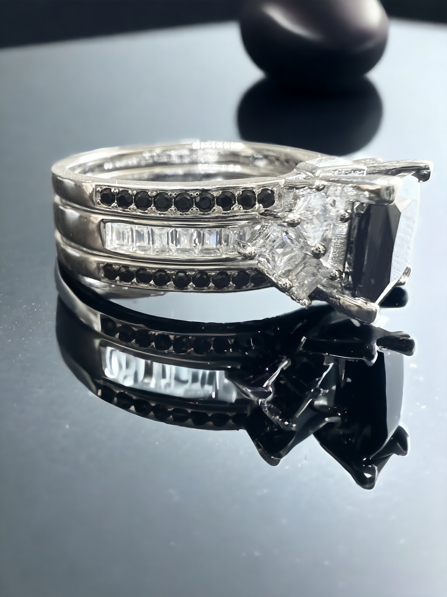 *PRE-ORDER - 925 Sterling Silver Princess Cut, Black Onyx & Clear CZ Tri-Band Ring