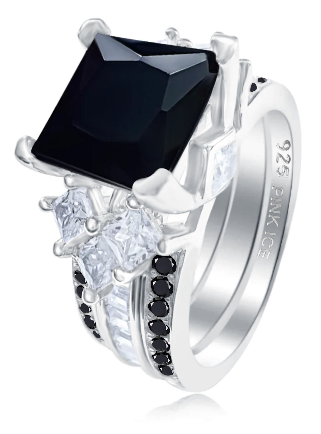 *PRE-ORDER - 925 Sterling Silver Princess Cut, Black Onyx & Clear CZ Tri-Band Ring