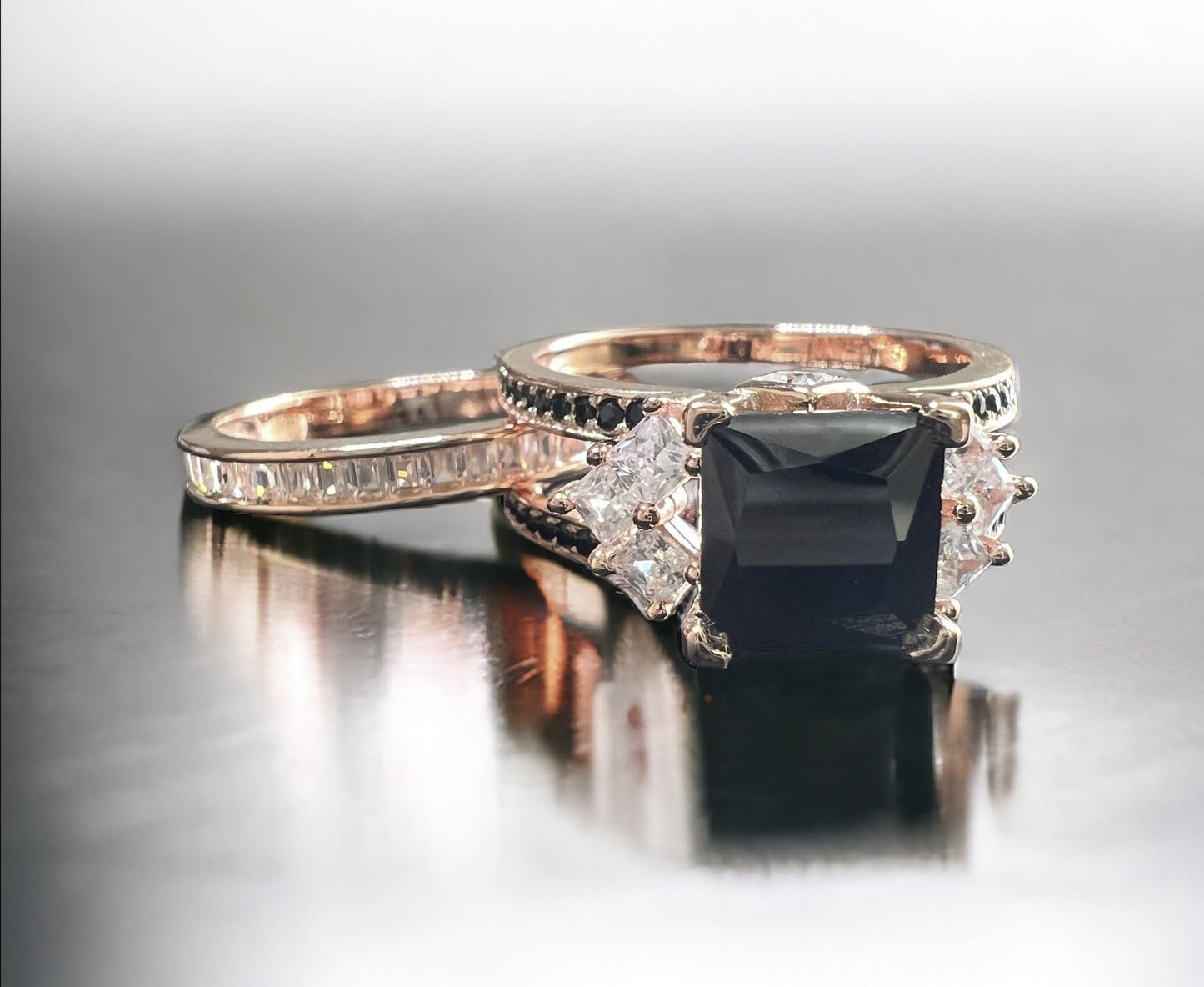 *PRE-ORDER - 925 Sterling Silver Princess Cut, Black Onyx & Clear CZ Tri-Band Ring on Rose Gold