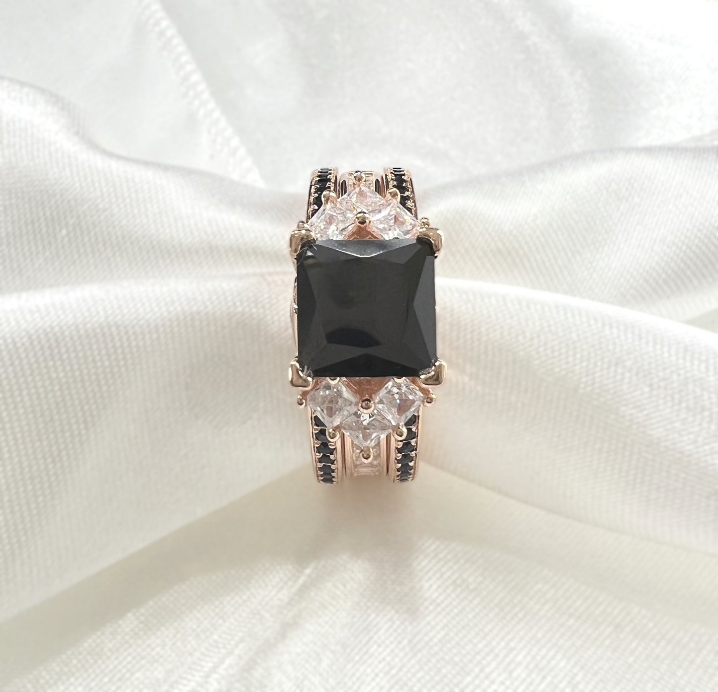 925 Sterling Silver Princess Cut, Black Onyx & Clear CZ Tri-Band Ring on Rose Gold