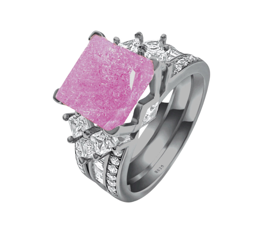 *PRE-ORDER - 925 Sterling Silver Princess Cut, Light Pink Ice Cz Tri-Band Ring (Choose your plating)