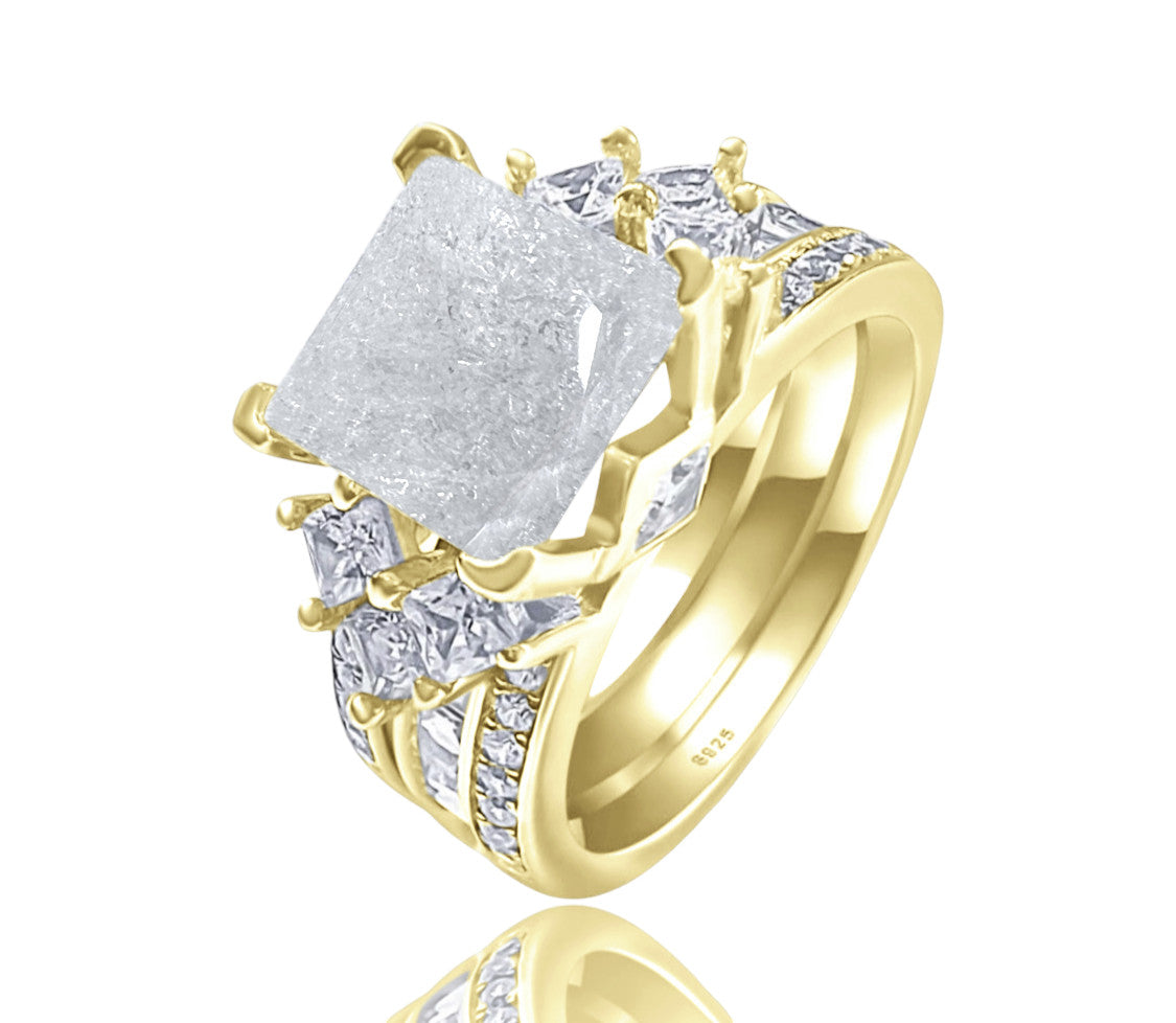 925 Sterling Silver Princess Cut, White Ice Cz Tri-Band Ring on Yellow Gold