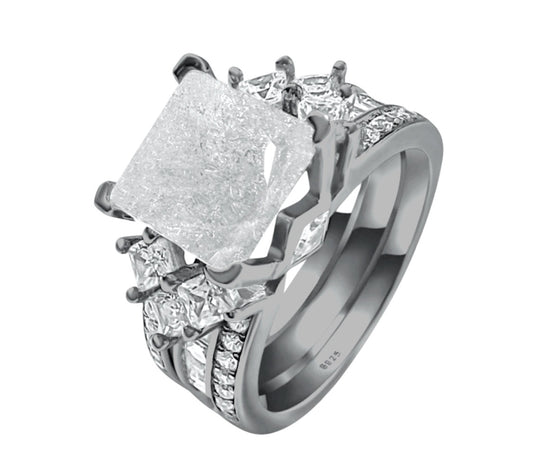 925 Sterling Silver Princess Cut, White Ice Cz Tri-Band Ring on Black Gold