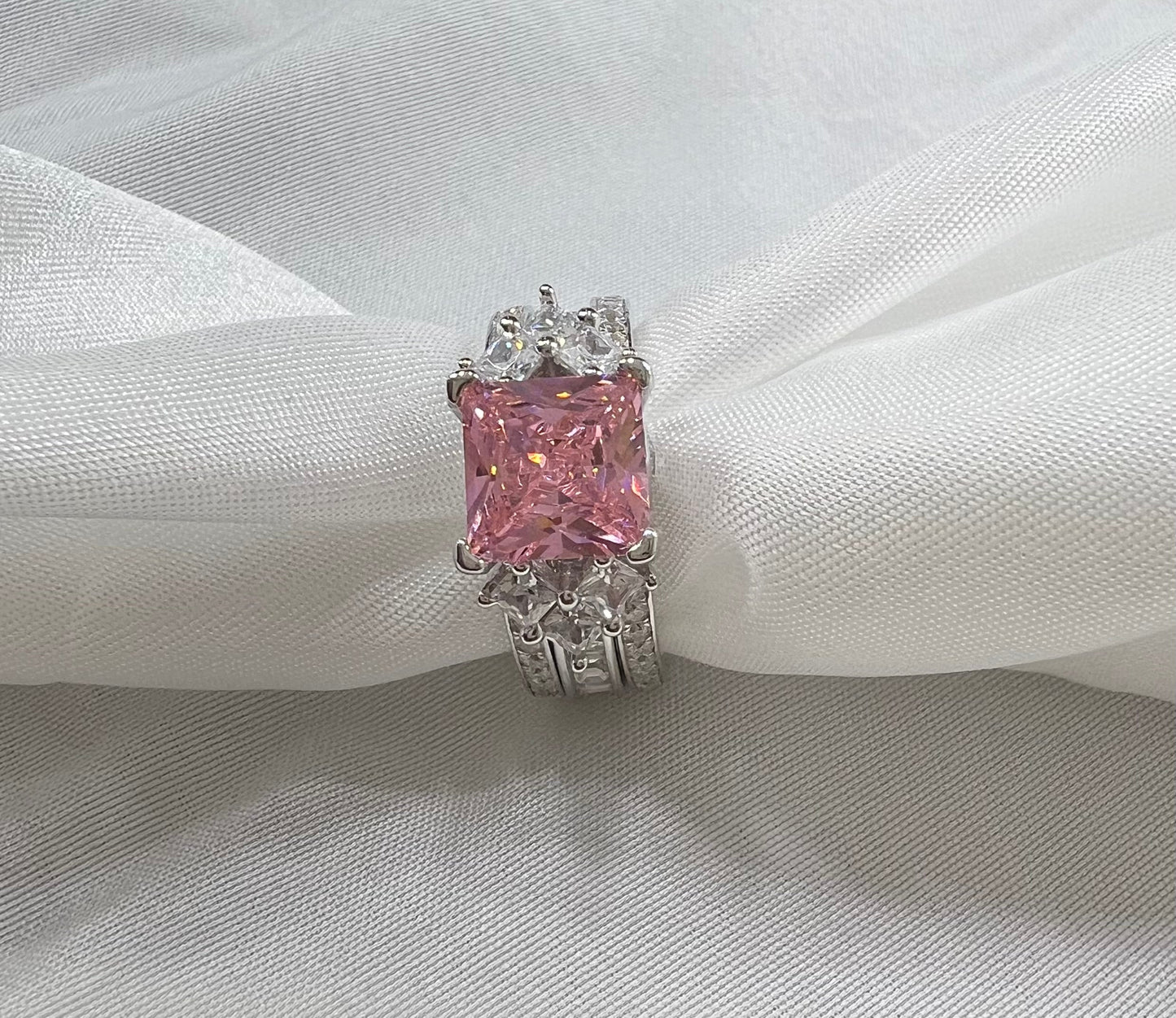 *PRE-ORDER - 925 Sterling Silver Princess Cut, Pink Diamond CZ Tri-Band Ring