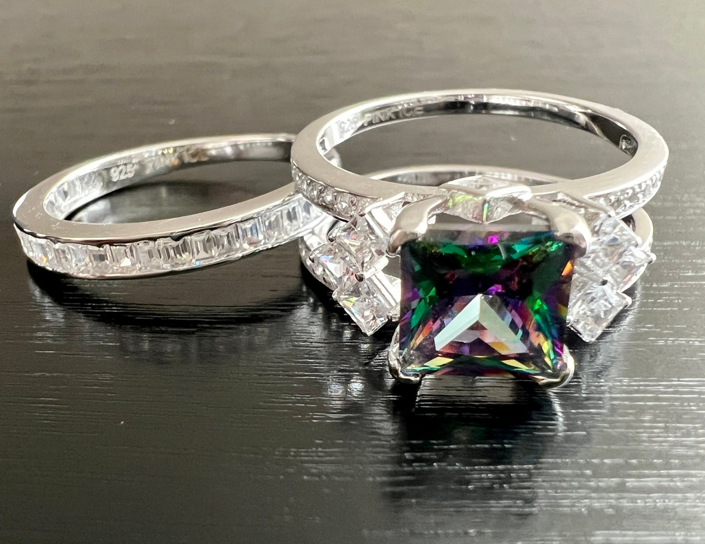 925 Sterling Silver Princess Cut, Rainbow Topaz & Clear CZ Tri-Band Ring