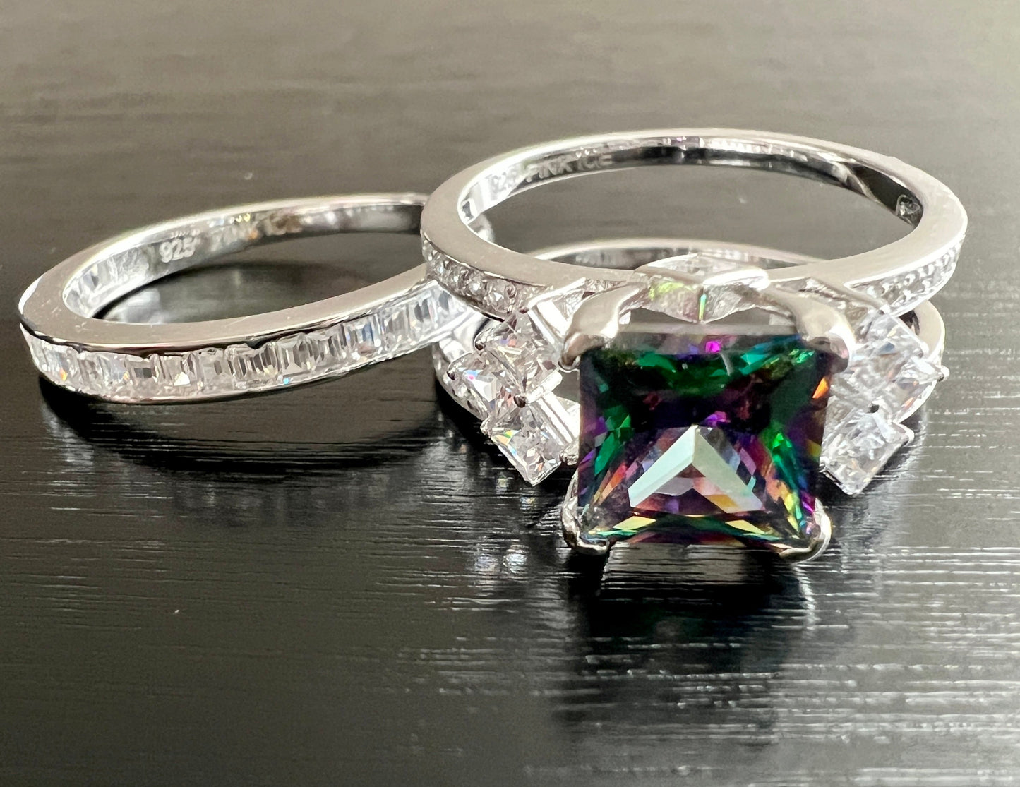 *PRE-ORDER - 925 Sterling Silver Princess Cut, Rainbow Topaz & Clear CZ Tri-Band Ring