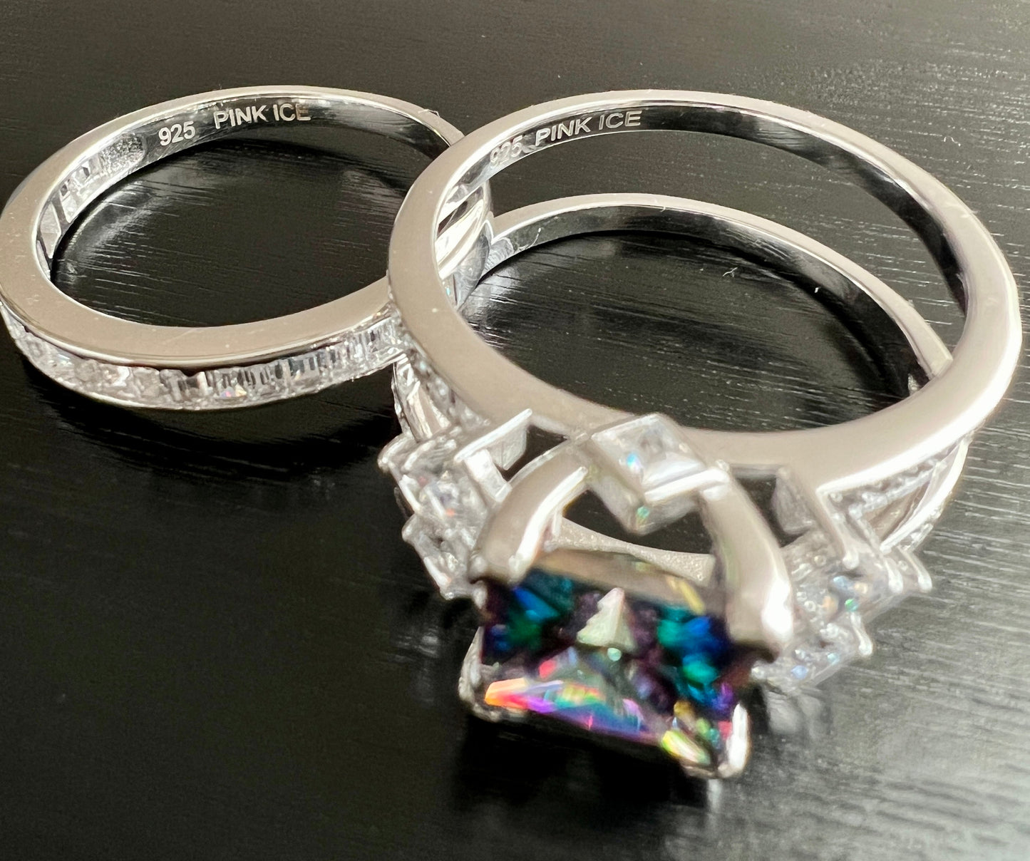 *PRE-ORDER - 925 Sterling Silver Princess Cut, Rainbow Topaz & Clear CZ Tri-Band Ring