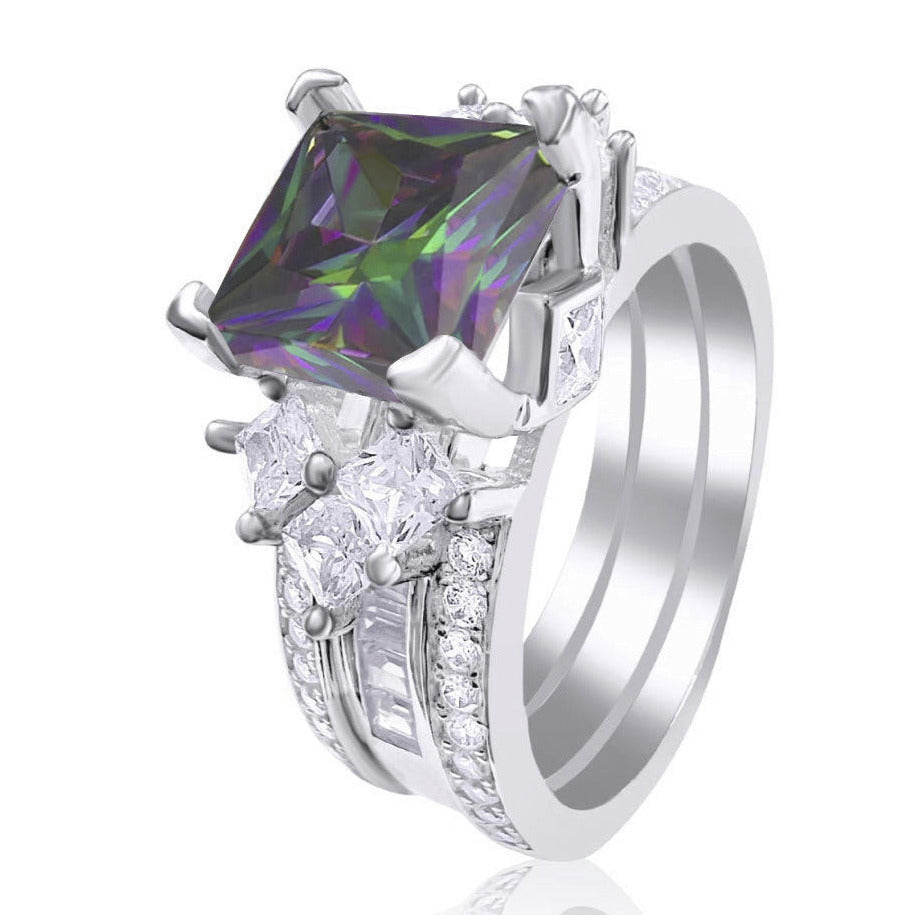 925 Sterling Silver Princess Cut, Rainbow Topaz & Clear CZ Tri-Band Ring