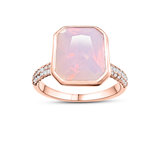 925 Sterling Silver Pink Moonstone Bezel Ring on Rose Gold