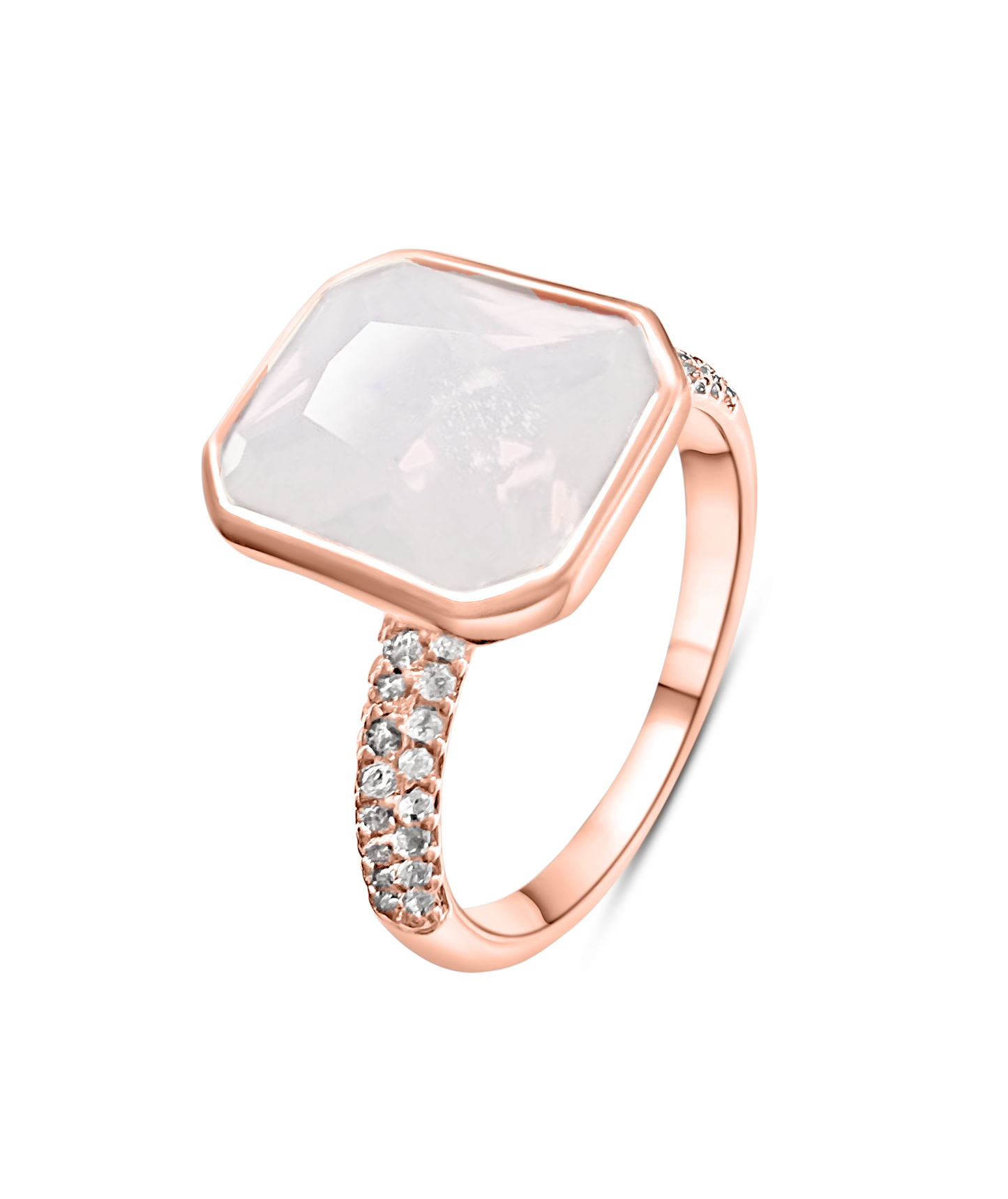 PRE-ORDER - 925 Sterling Silver White Moonstone Bezel Ring on Rose Gold