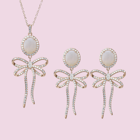 PRE-ORDER - 925 Sterling Silver White Opal Bow Tie Necklace & Earrings Set on Rose Gold or Rhodium