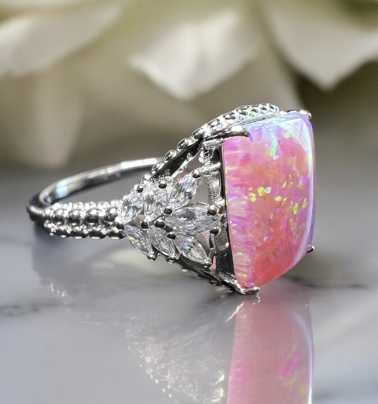 Angel Skin Pink Fire Opal & CZ Beaded Shank 925 Sterling Silver Ring