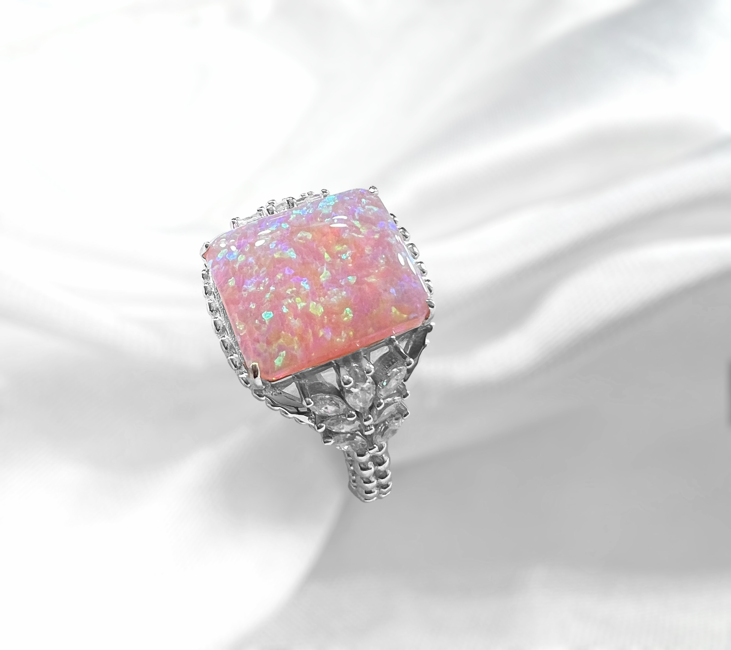 Angel Skin Pink Fire Opal & CZ Beaded Shank 925 Sterling Silver Ring