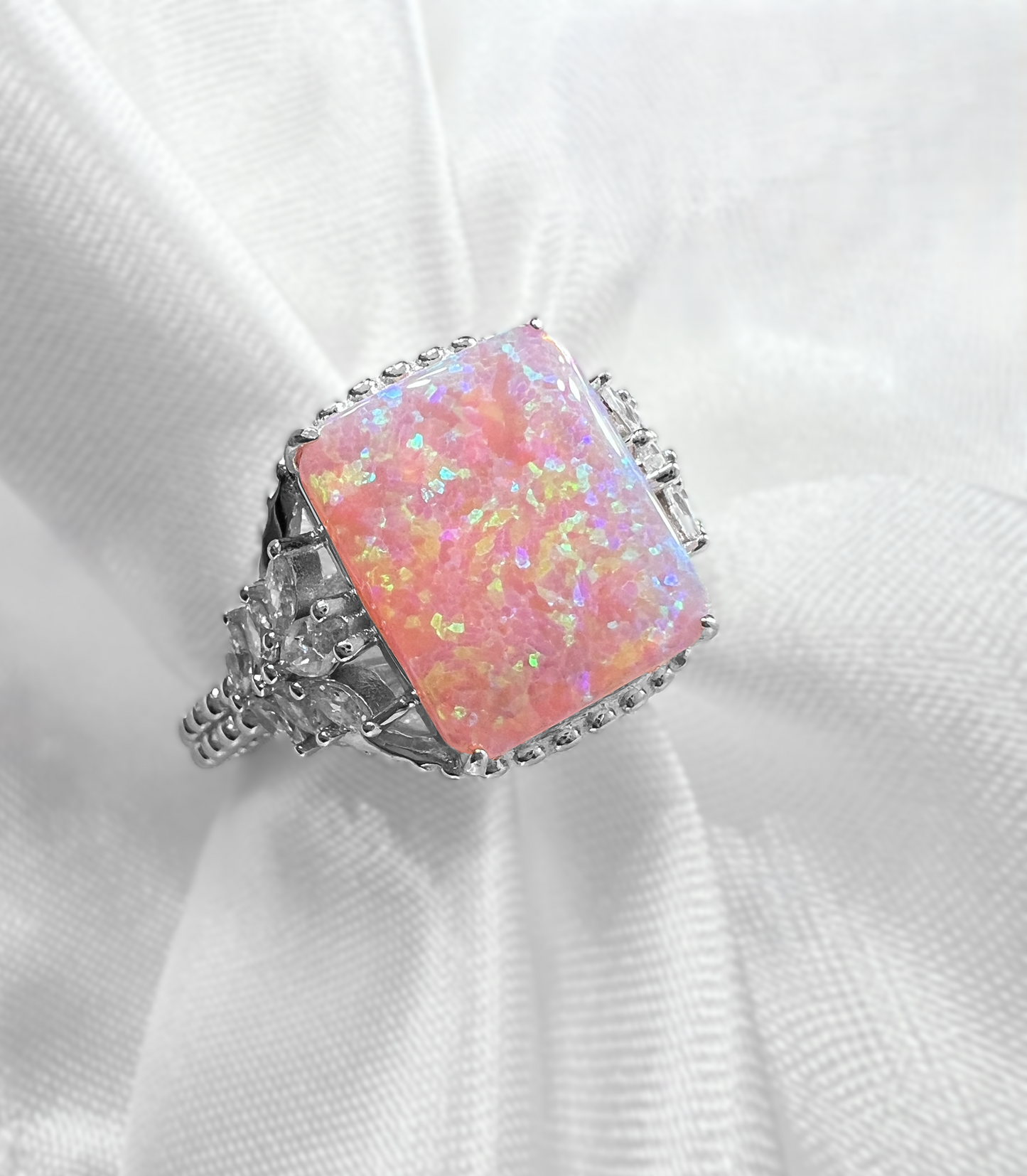 *PRE-ORDER* Angel Skin Pink Fire Opal & CZ Beaded Shank 925 Sterling Silver Ring