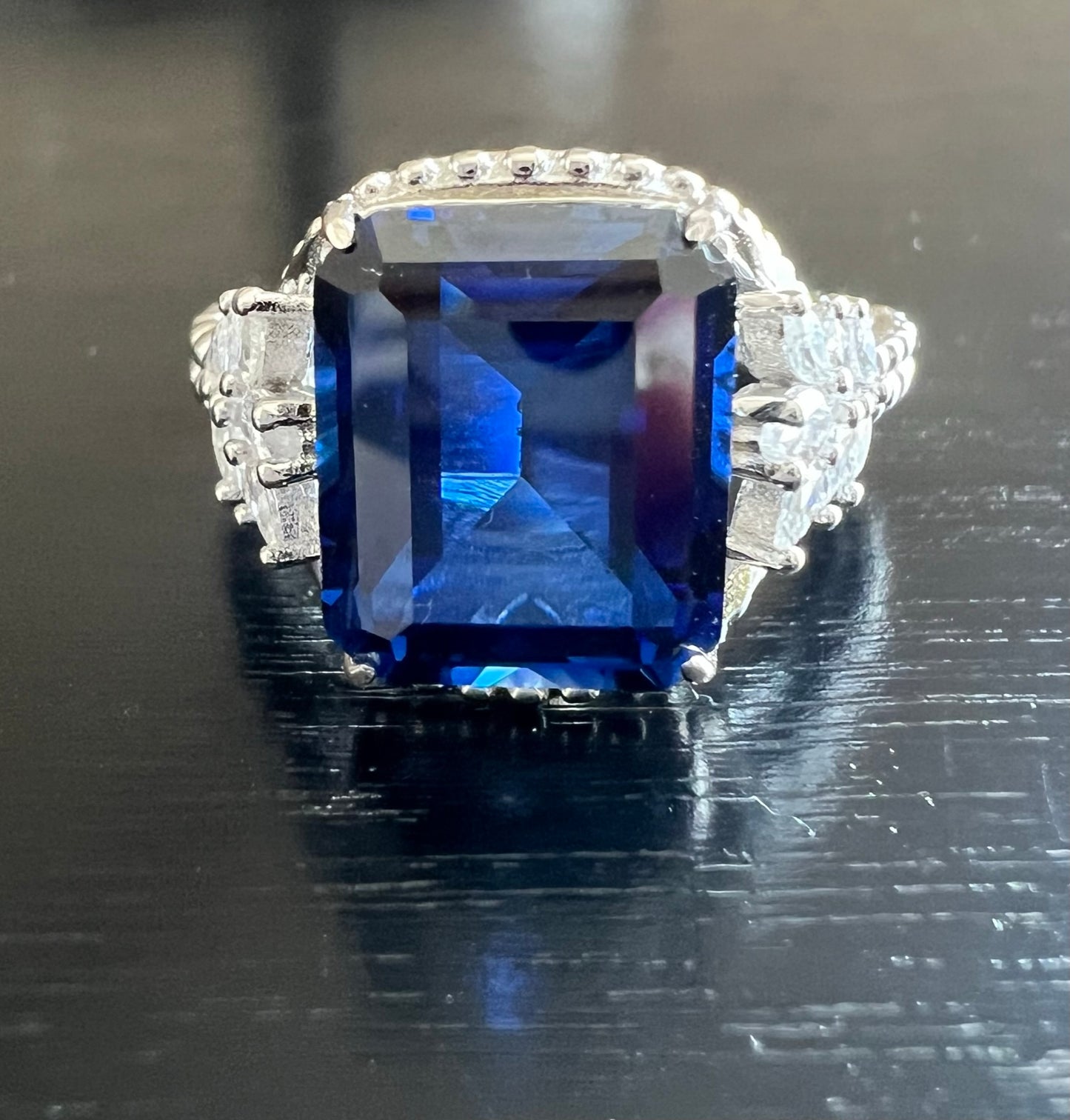 Emerald-Cut Blue Sapphire CZ Beaded Shank 925 Sterling Silver Ring