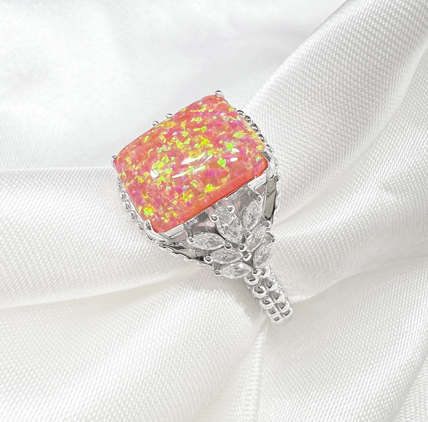 Salmon Pink Fire Opal & CZ Beaded Shank 925 Sterling Silver Ring