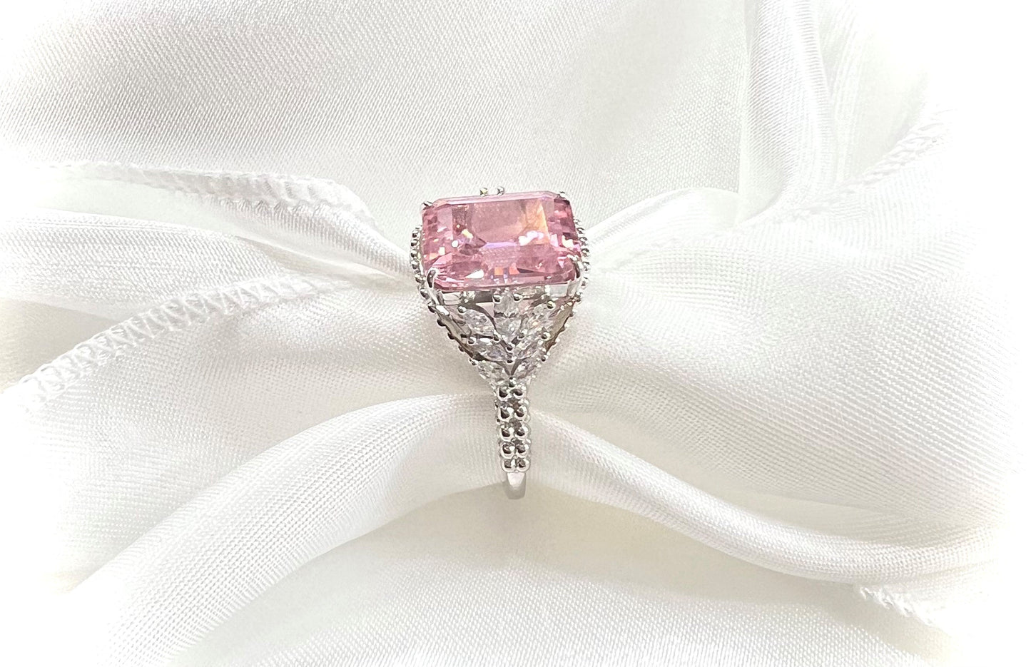 *PRE-ORDER - Emerald-Cut Pink CZ Beaded Shank 925 Sterling Silver Ring
