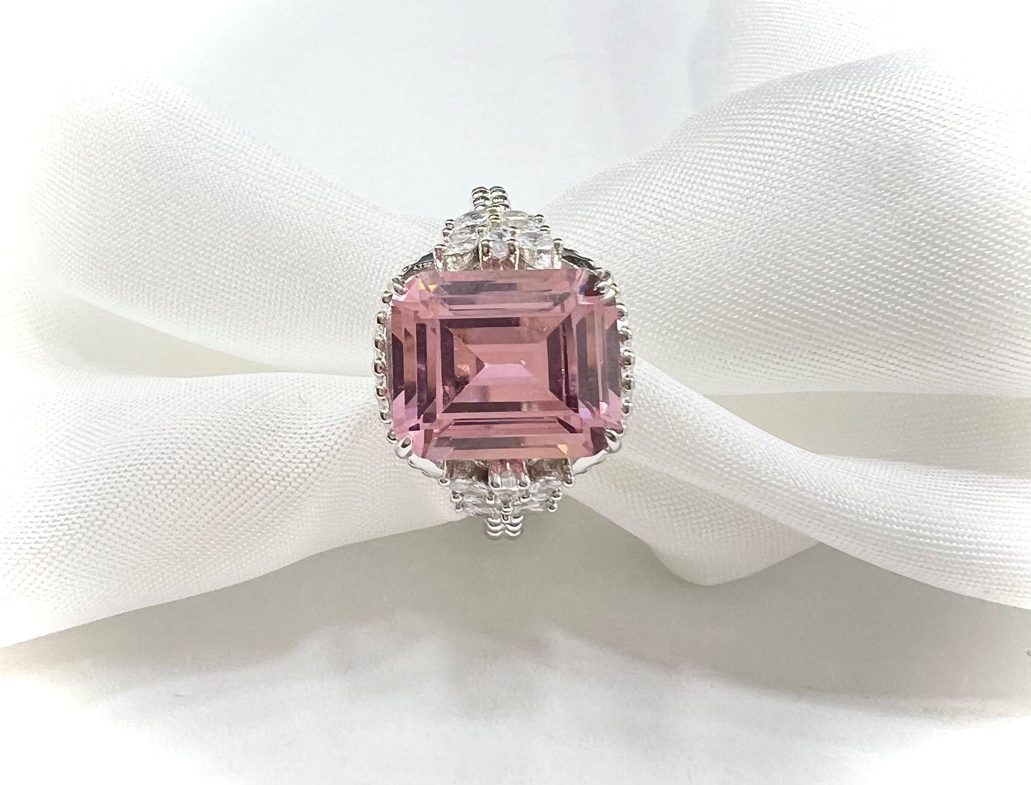 *PRE-ORDER - Emerald-Cut Pink CZ Beaded Shank 925 Sterling Silver Ring