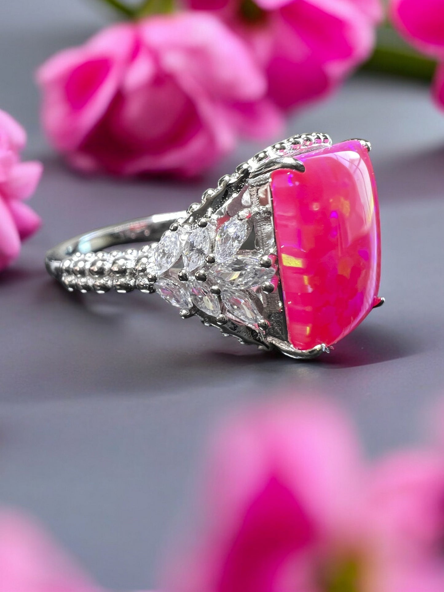 Hot Pink Fire Opal & CZ Beaded Shank 925 Sterling Silver Ring