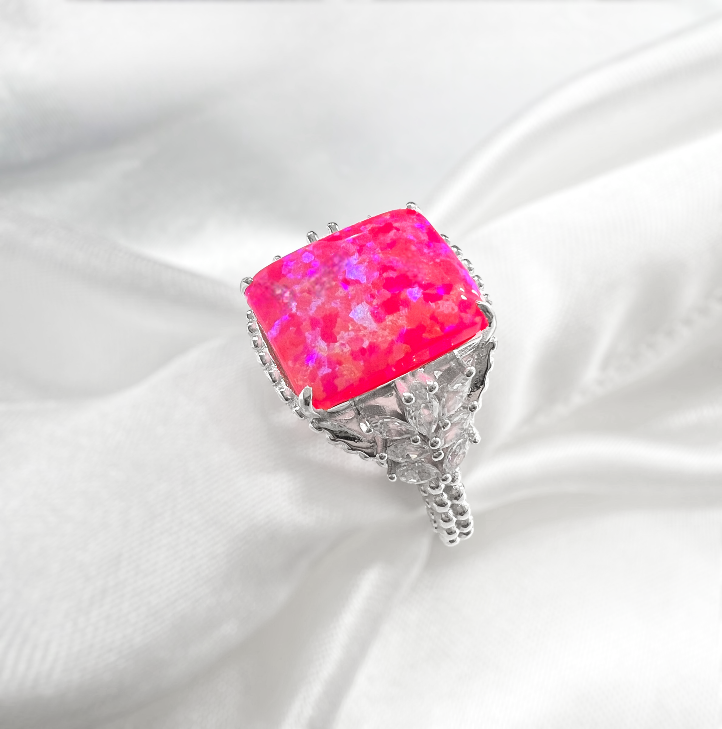 *PRE-ORDER* Hot Pink Fire Opal & CZ Beaded Shank 925 Sterling Silver Ring