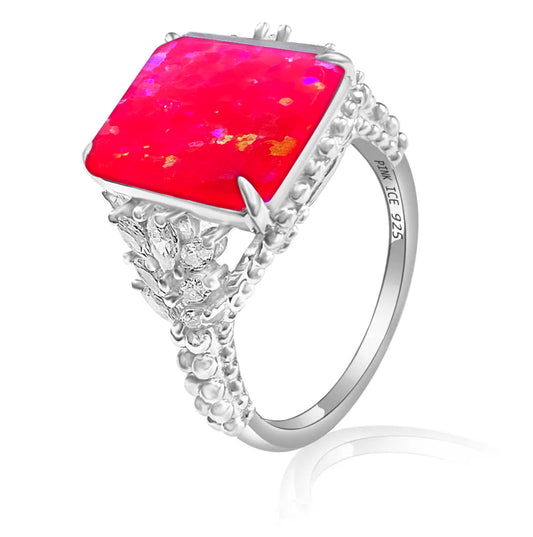 Hot Pink Fire Opal & CZ Beaded Shank 925 Sterling Silver Ring