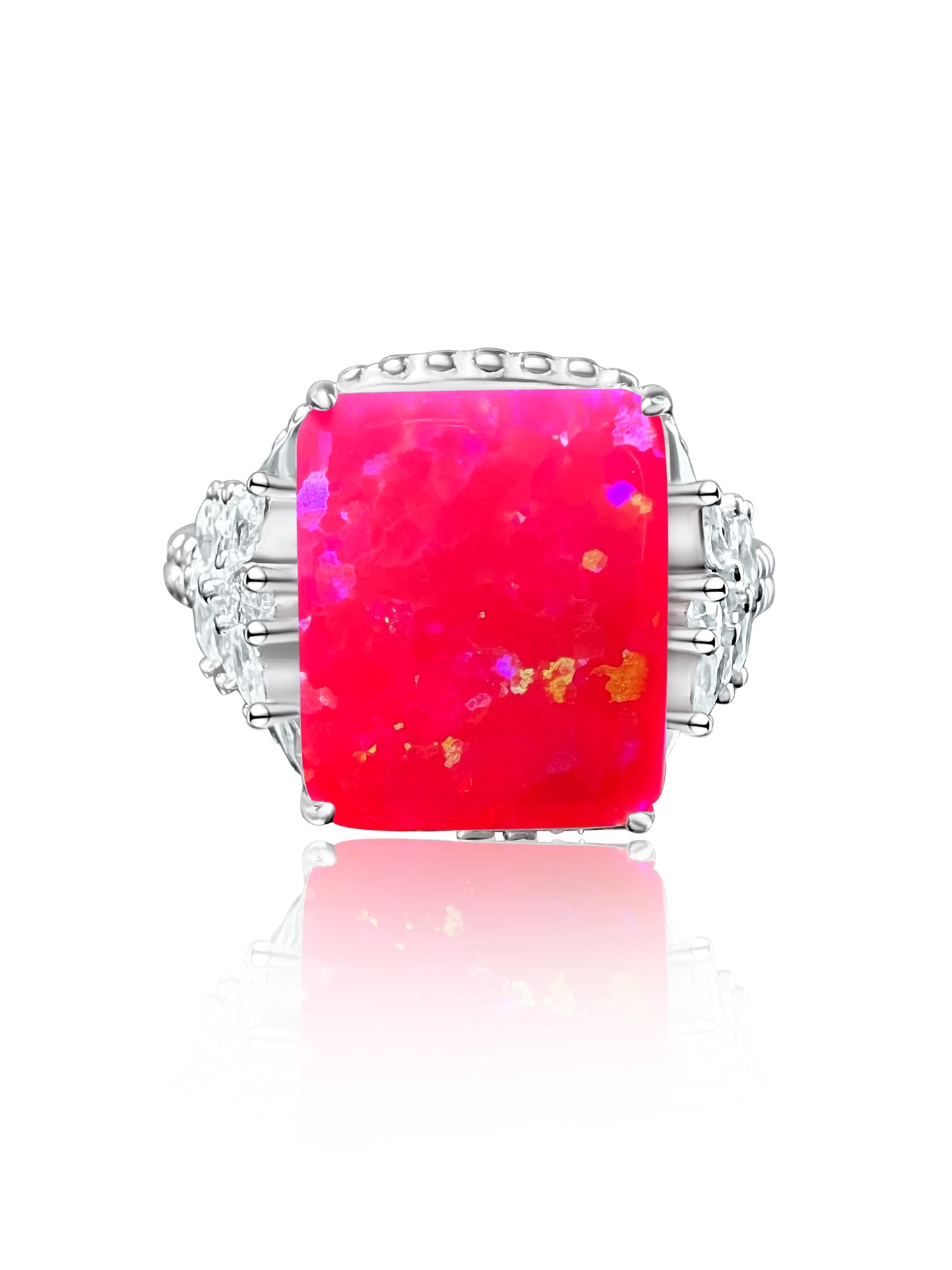 *PRE-ORDER* Hot Pink Fire Opal & CZ Beaded Shank 925 Sterling Silver Ring