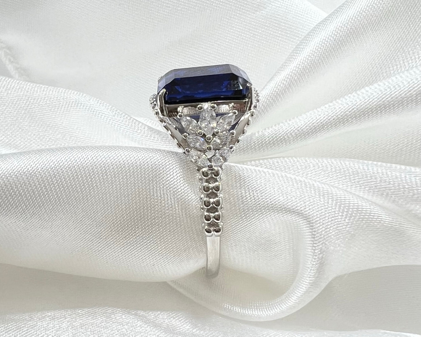Emerald-Cut Blue Sapphire CZ Beaded Shank 925 Sterling Silver Ring