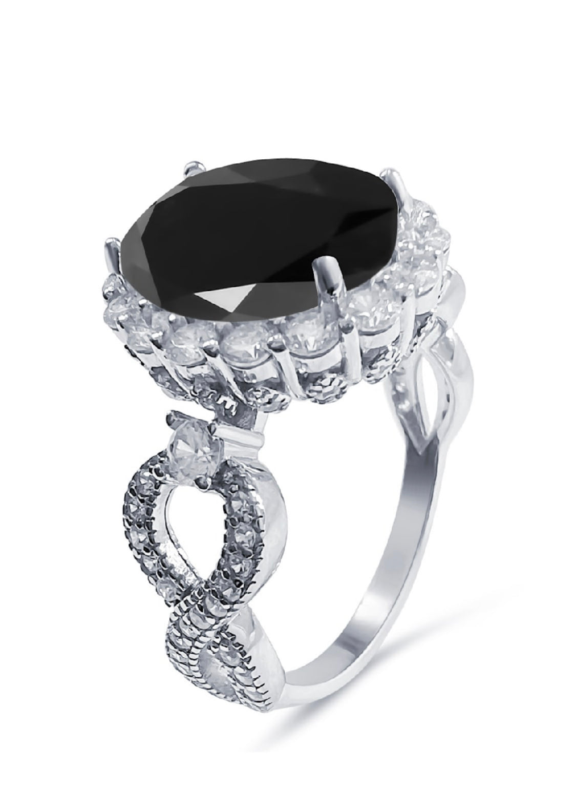 925 Sterling Silver Infinity Oval Cut Black Onyx & Diamond Cubic Zirconia Ring - CS