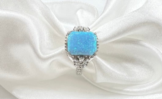 *PRE-ORDER - Light Blue Fire Opal & CZ Beaded Shank 925 Sterling Silver Ring