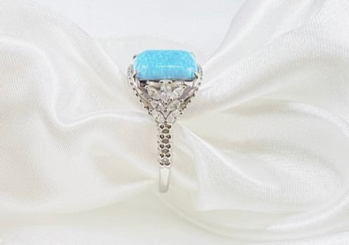 *PRE-ORDER - Light Blue Fire Opal & CZ Beaded Shank 925 Sterling Silver Ring