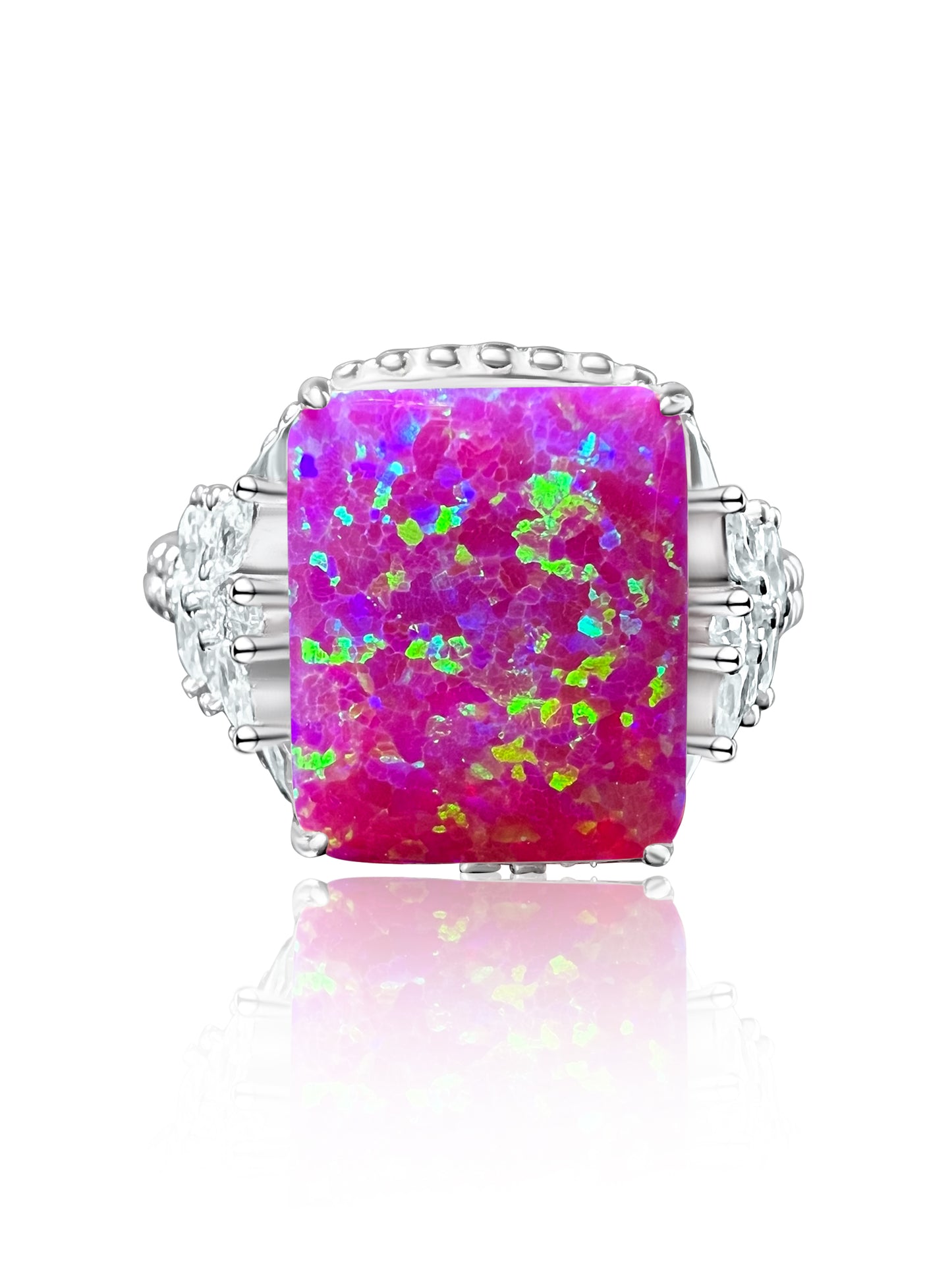 Magenta Fire Opal & CZ Beaded Shank 925 Sterling Silver Ring