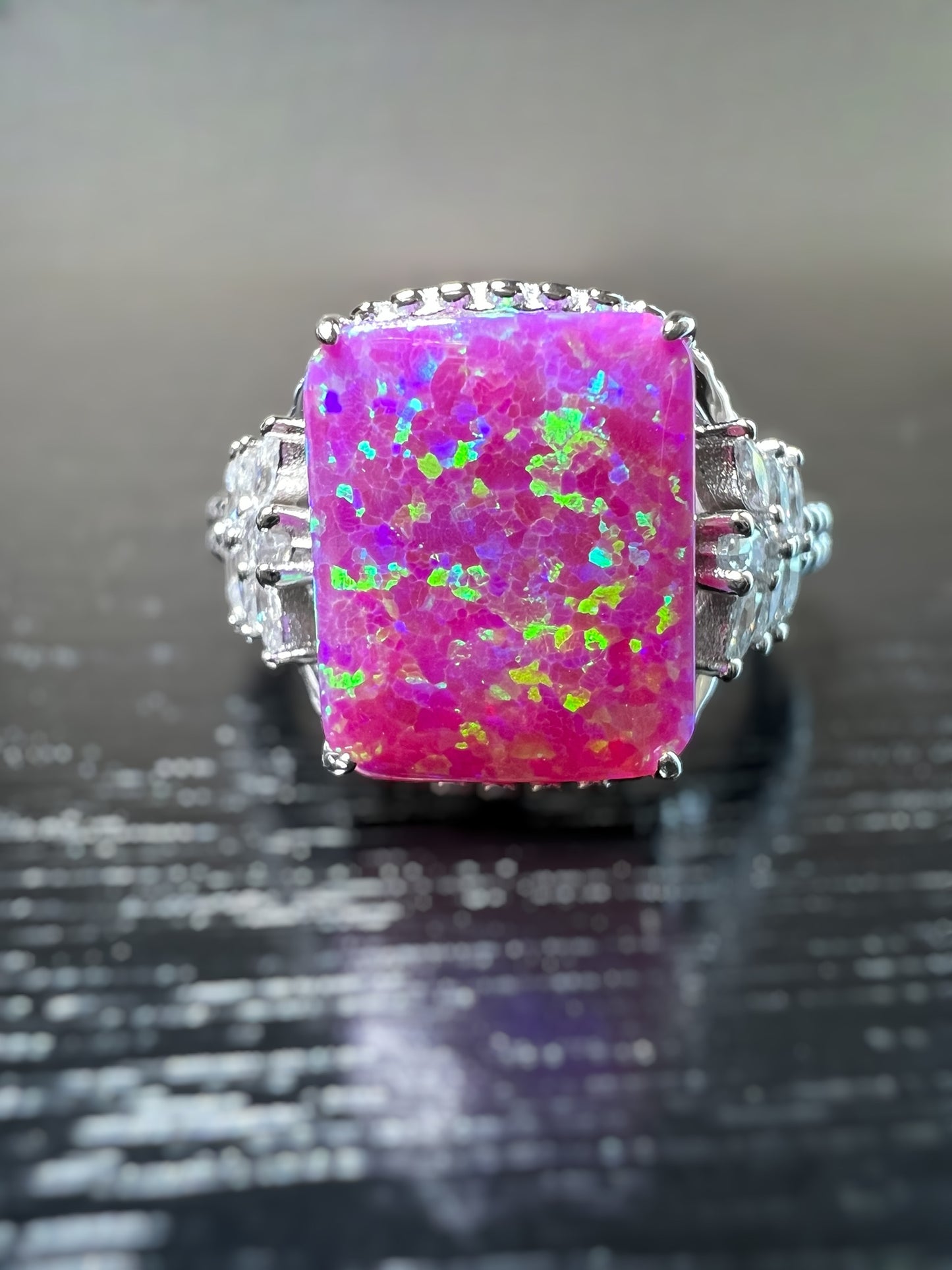 Magenta Fire Opal & CZ Beaded Shank 925 Sterling Silver Ring