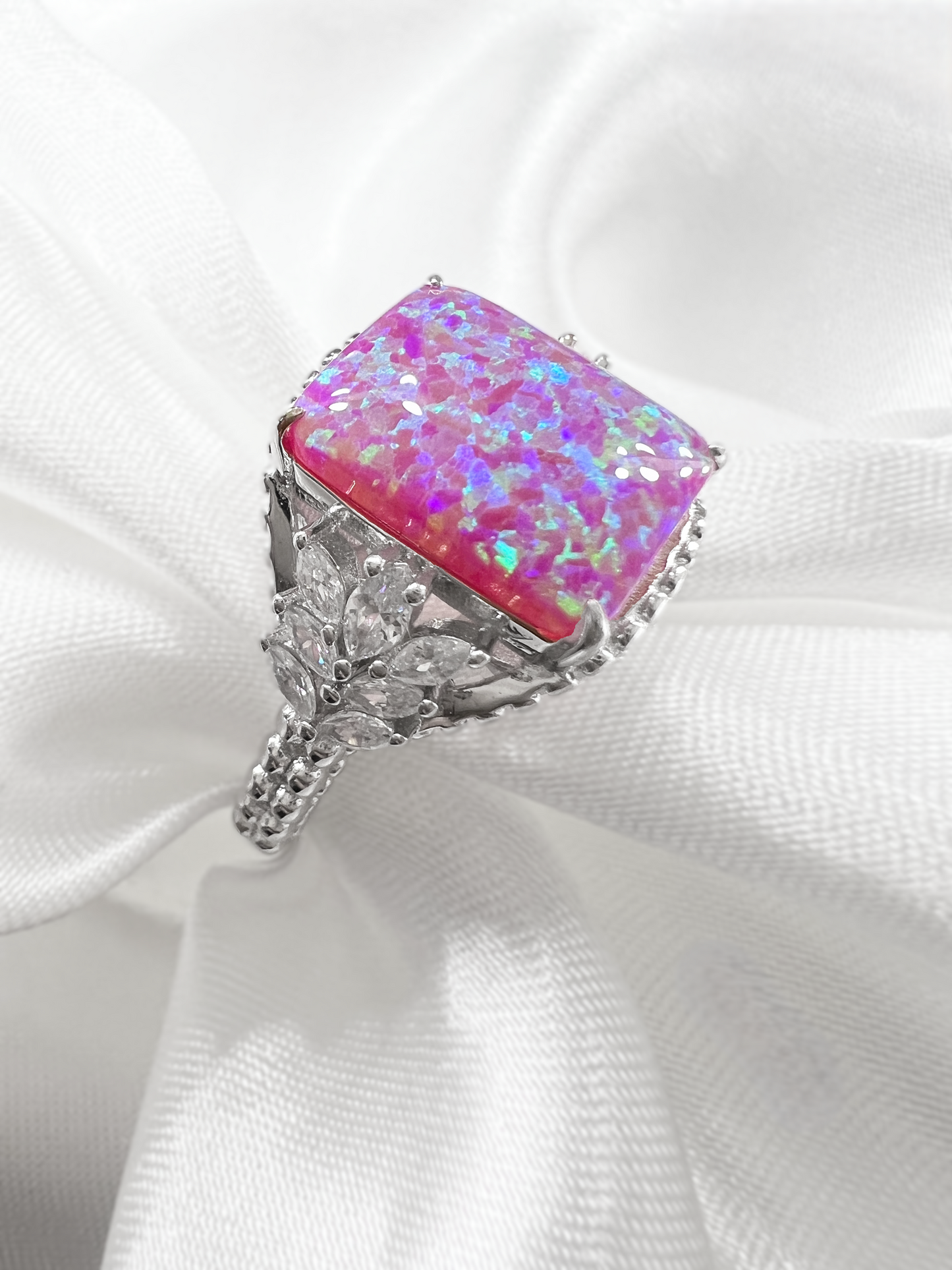 Magenta Fire Opal & CZ Beaded Shank 925 Sterling Silver Ring