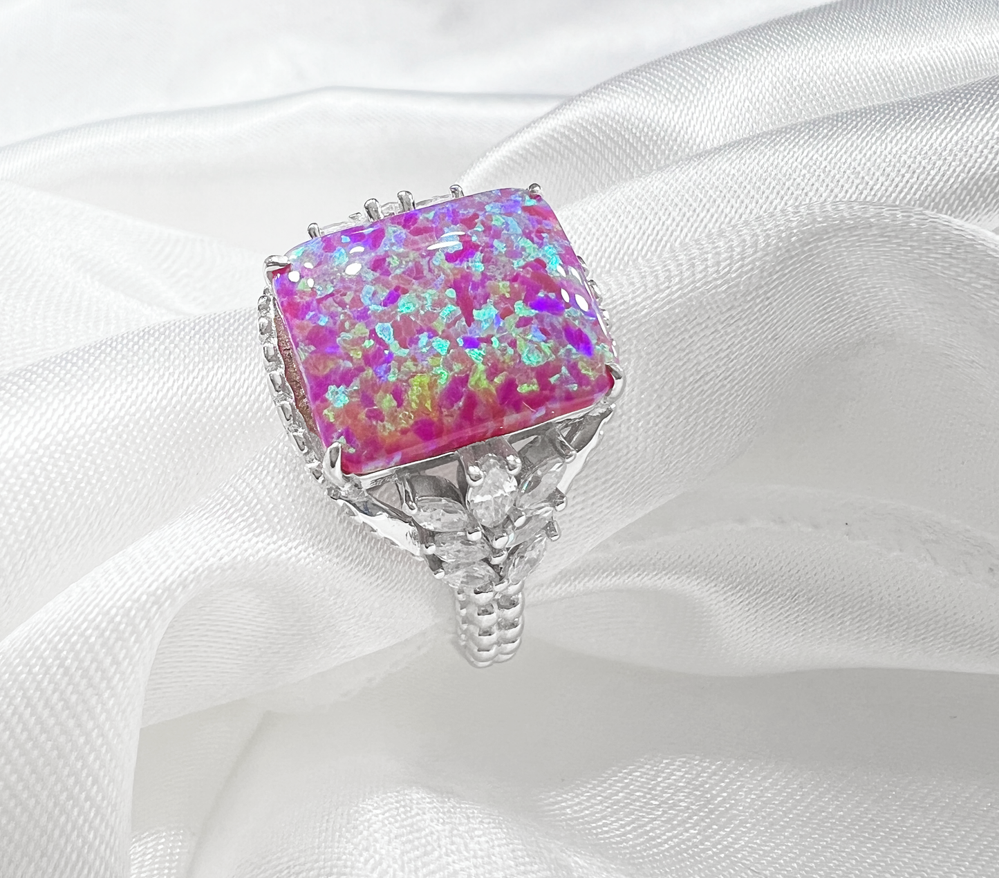 *PRE-ORDER* Magenta Fire Opal & CZ Beaded Shank 925 Sterling Silver Ring