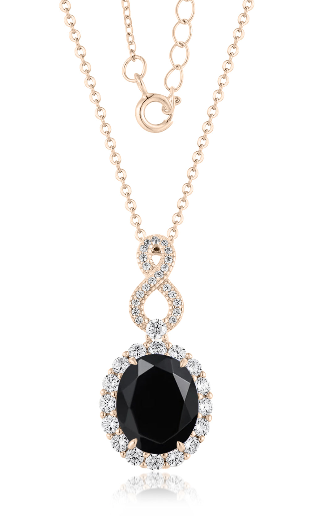 Oval Cut Halo Black Onyx Infinity Necklace in 925 Sterling Silver on Rose Gold