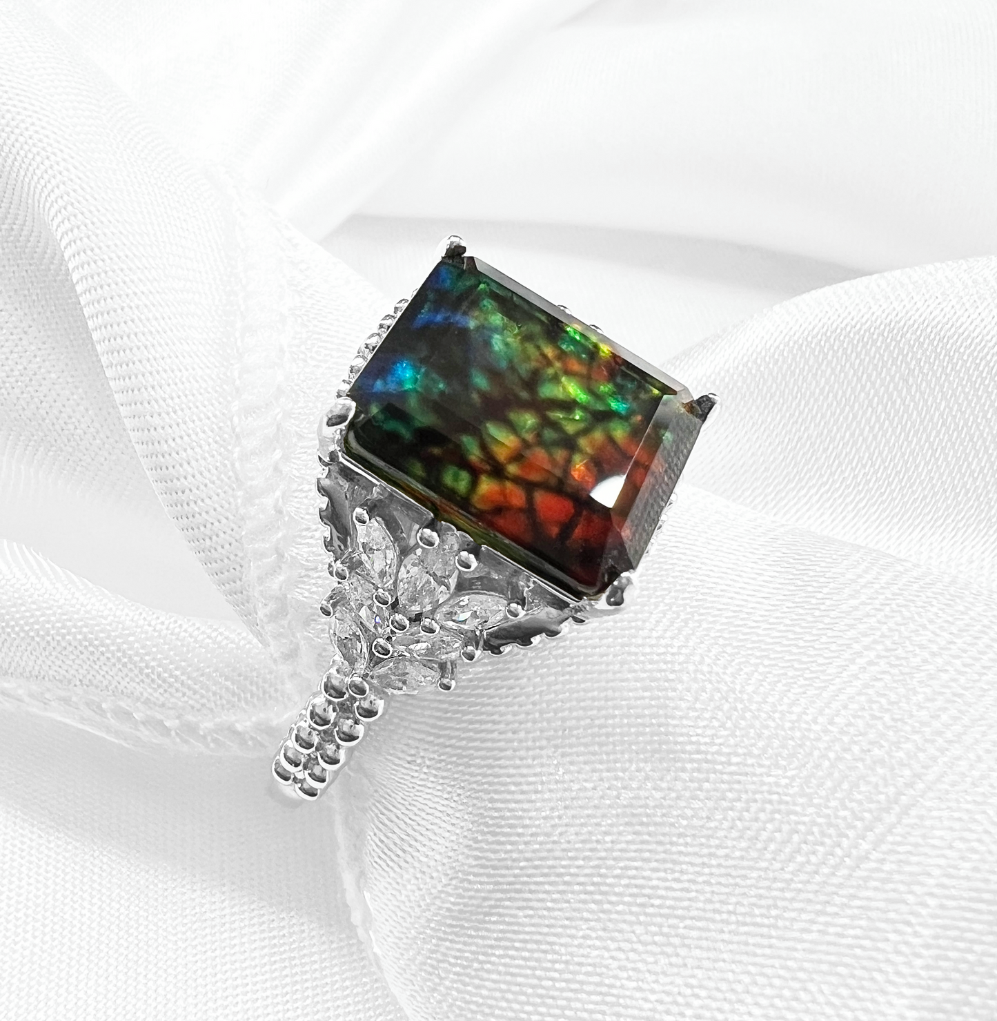 925 Sterling Silver Ammolite Beaded Shank Ring