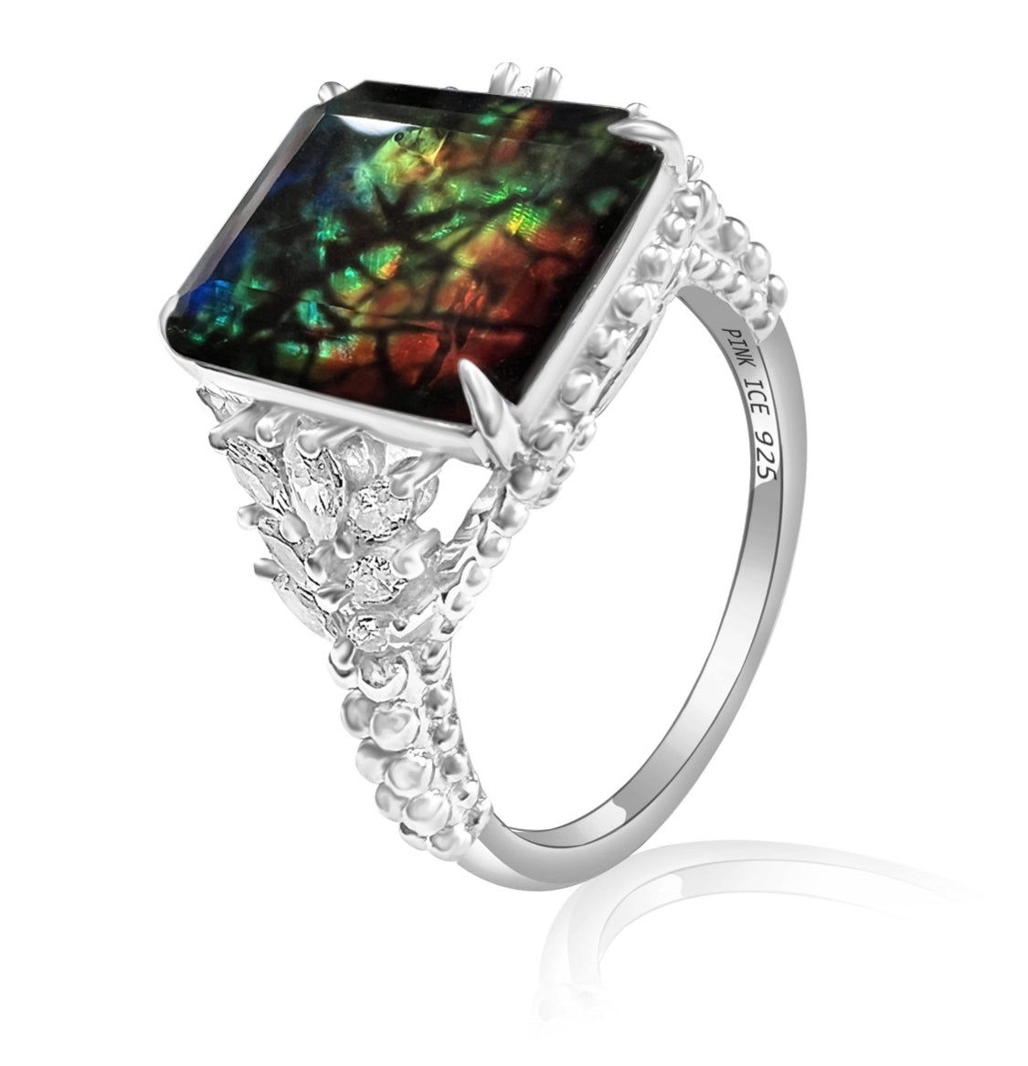 925 Sterling Silver Ammolite Beaded Shank Ring