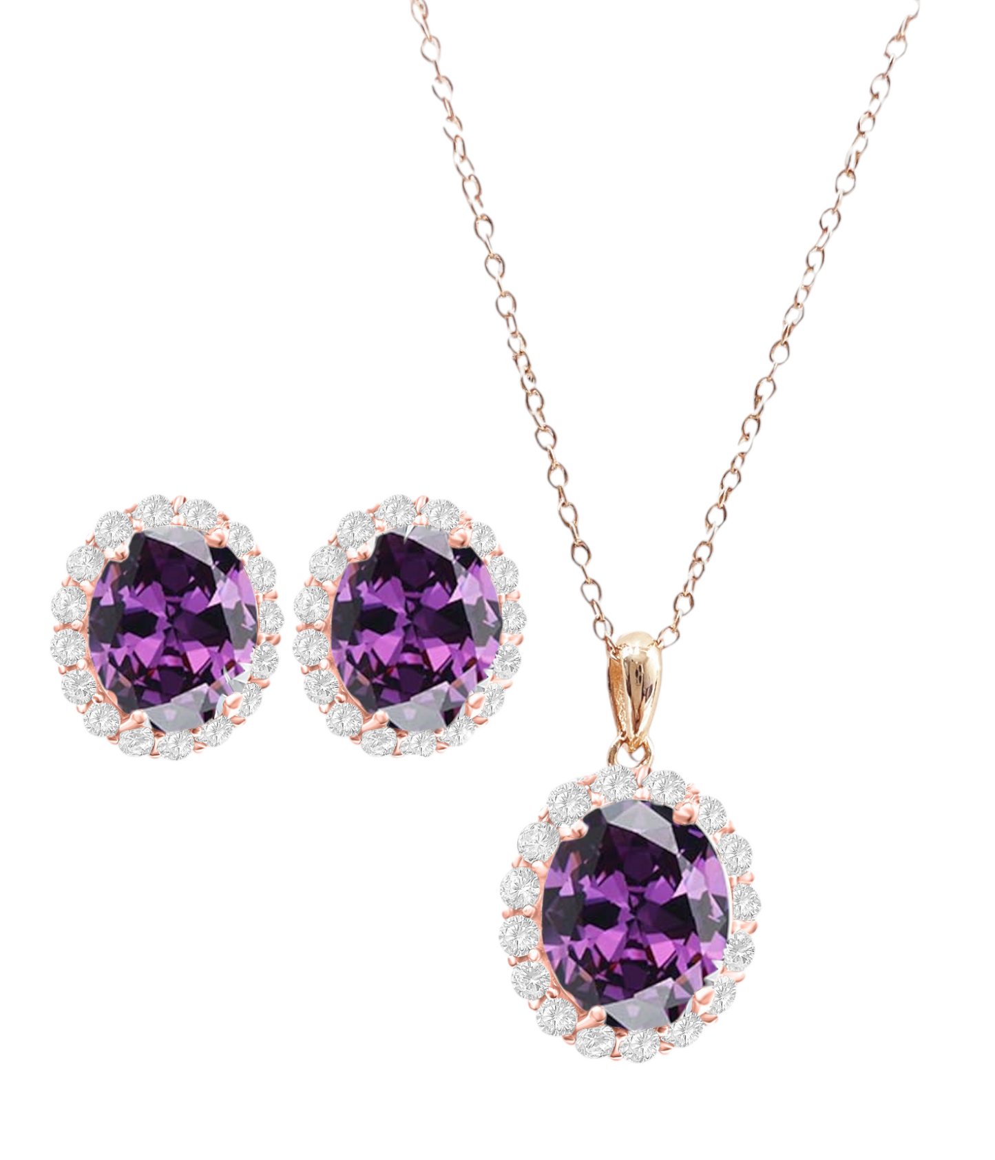 *PRE-ORDER - 925 Sterling Silver Oval Cut Amethyst CZ Necklace & Earrings Set - Rose Gold